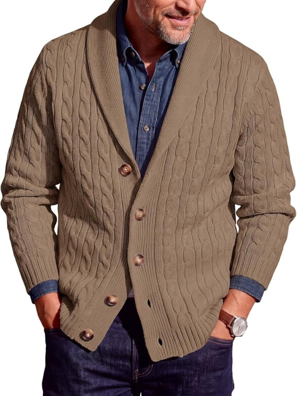 Cozy Cable Knit Shawl Collar Cardigan Sweater for Men - Casual Layering
